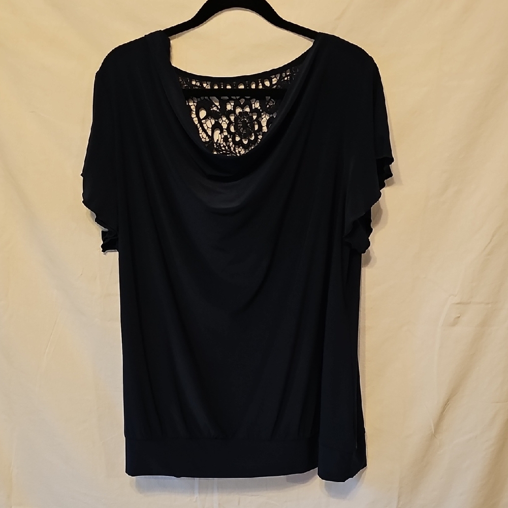 Navy, Cowl Neck, 3x Flutter Sleve, Lace Pannel Back, For Sexy Look But Bra Ready